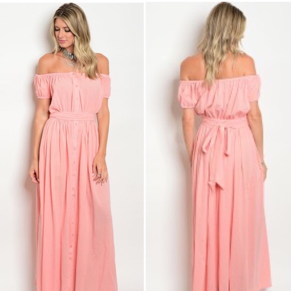 blush pink off the shoulder maxi dress